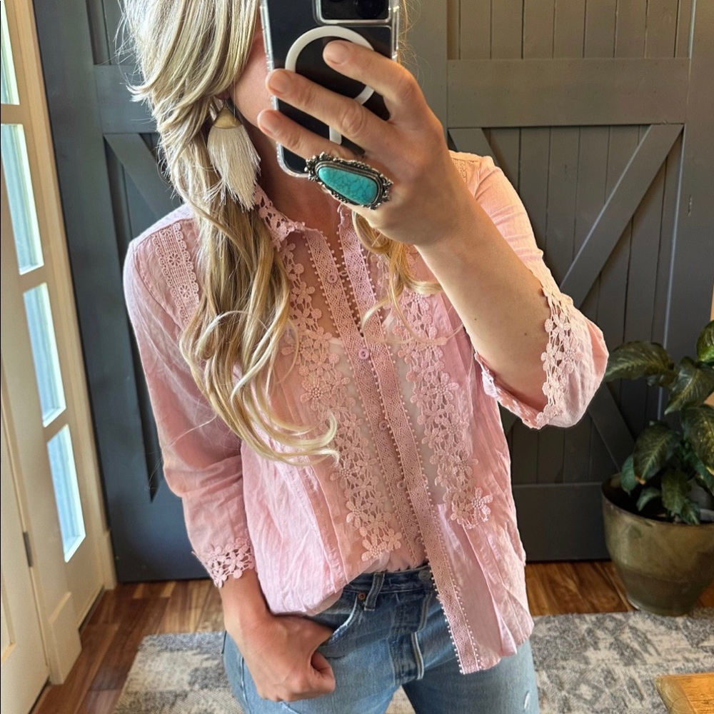 New Feminine Pink Lace Button Front Blouse Top Feminine 3/4 Sleeve Shirt Western - Picture 4 of 9